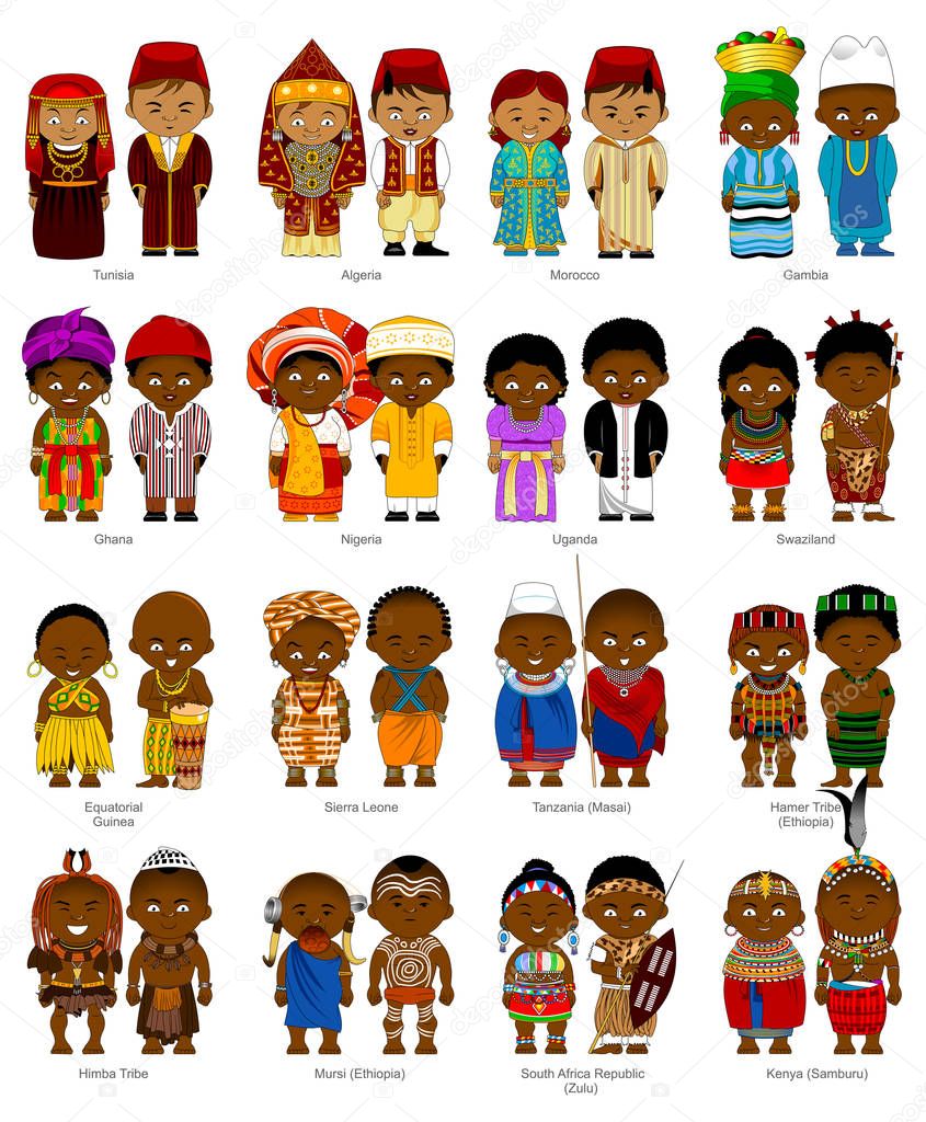 african men and women in national traditional costumes, vector, illustration 
