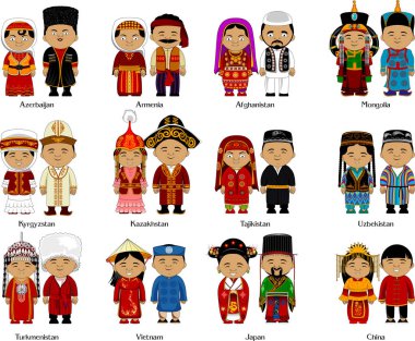 Peoples of the Caucasus and Asia in national dress, vector and illustration clipart