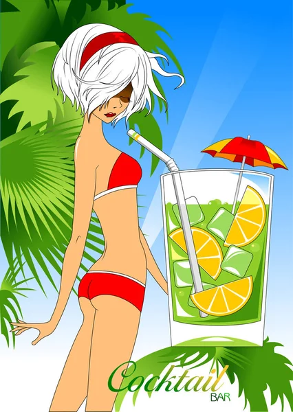 Beautiful Girl Swimsuit Tropical Resort Vector Illustration — Stock Vector
