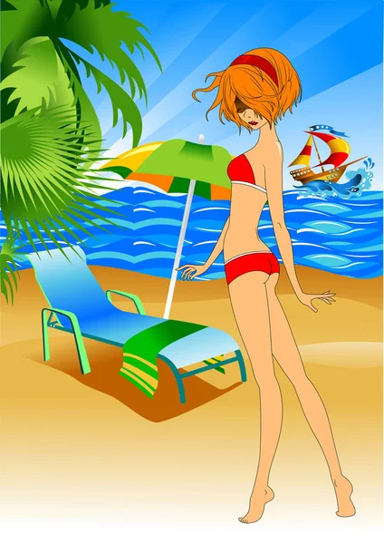 美丽的女孩穿着泳装在热带度假胜地 矢量和图案 — 图库矢量图片
