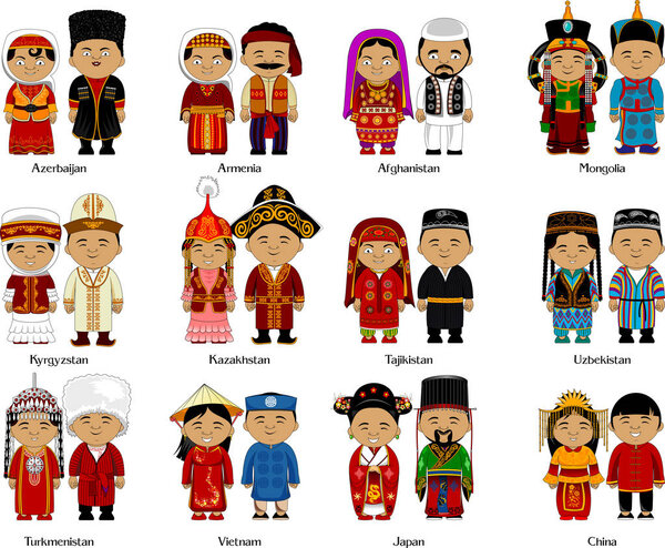 Peoples of the Caucasus and Asia in national dress, vector and illustration