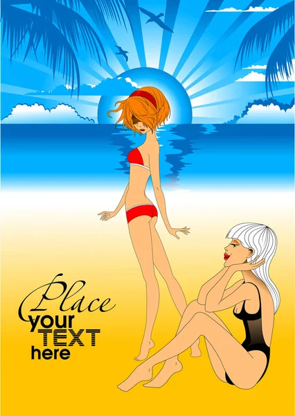 Beautiful Girl Swimsuit Tropical Resort Vector Illustratio — Stock Vector