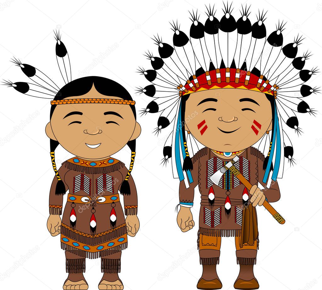 man and woman in traditional American Indian costumes, vecto