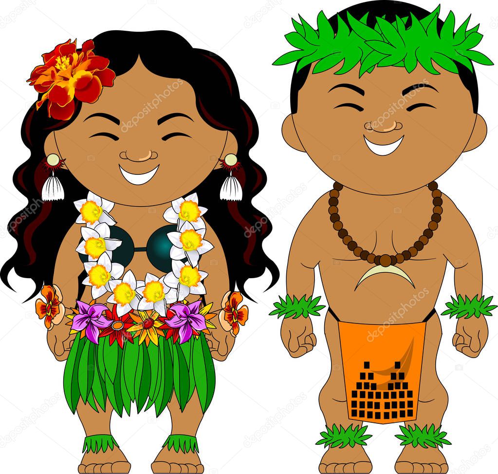 man and woman in traditional Hawaiian costumes, vecto