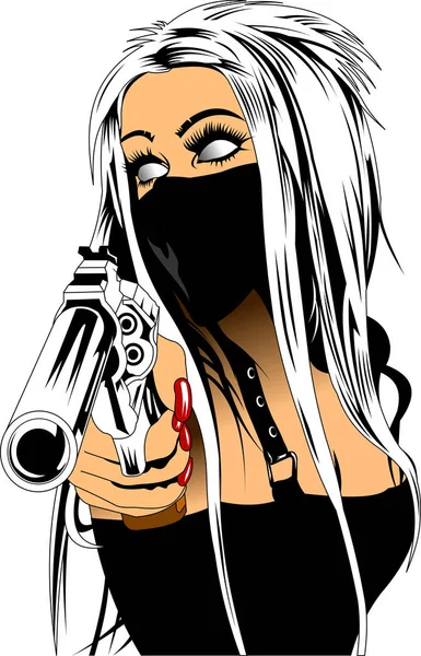 Beautiful Blind Girl Black Mask Gun Vecto — Stock Vector