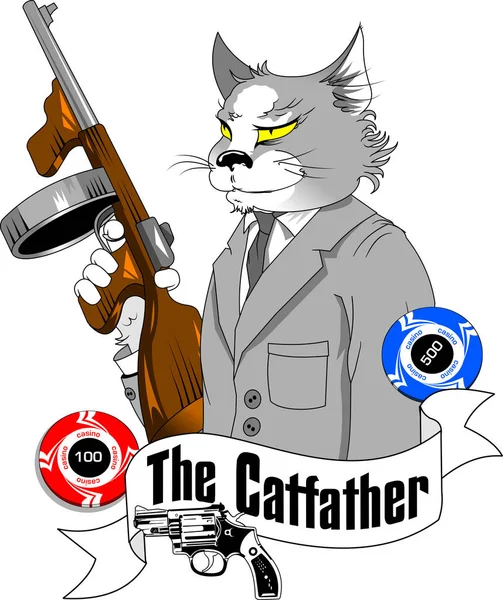 Gray Cat Gangster Costume Gun His Paw — Stock Vector