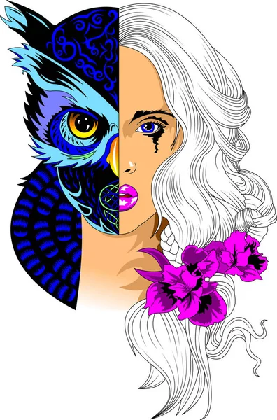 Portrait Woman Mask Black Owl Yellow Eyes Vector Illustratio — Stock Vector