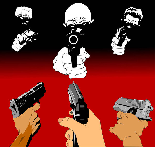three killers with three pistols on a black background, vector and illustration