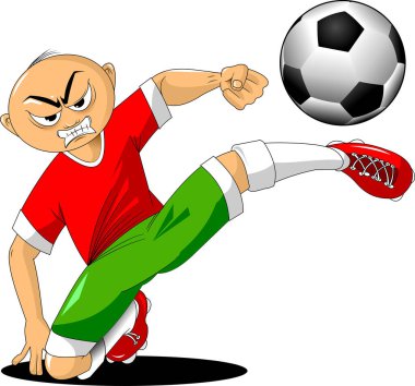 Kırmızı tişörtlü ve yeşil şortlu futbolcu topa vuruyor, vektör