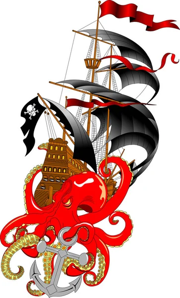 Yelkenli Gemi Çizgi Film Tarzında Kraken Canavar Ahtapot Vektör Logosu — Stok Vektör