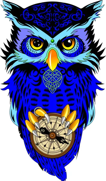 Blue Owl Black Feathers Holds Its Paws Old Compass Vecto — Stock Vector