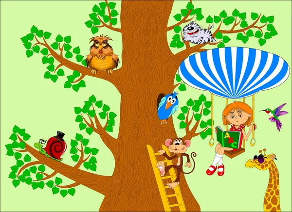 女孩坐着气球飞行 在一棵大树上有许多不同的动物 — 图库矢量图片