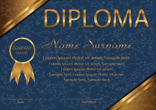 Diploma, certificato. Elegante modello blu con angoli dorati . — Vettoriale Stock