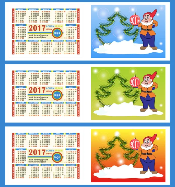 Calendar 2017 year. Two sides. Colorful gnome with a ball and Christmas tree. — Stock Vector