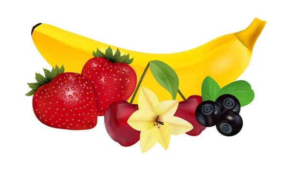 Fruta madura y bayas con flor de vainilla. Plátano, fresa , — Vector de stock