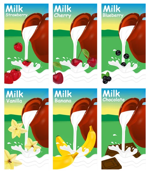 Set de etiquetas para leche o yogur. Fresa, cereza, vainilla, b — Vector de stock