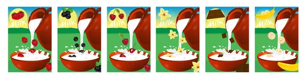 组标签为牛奶或酸奶。草莓、 樱桃、 香草、 香蕉、 巧克力和蓝莓. — 图库矢量图片