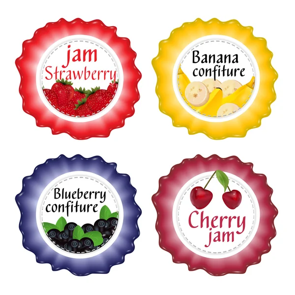 Verzameling van geïsoleerde labels voor jam en confiture van bessen en fruit. Vector — Stockvector