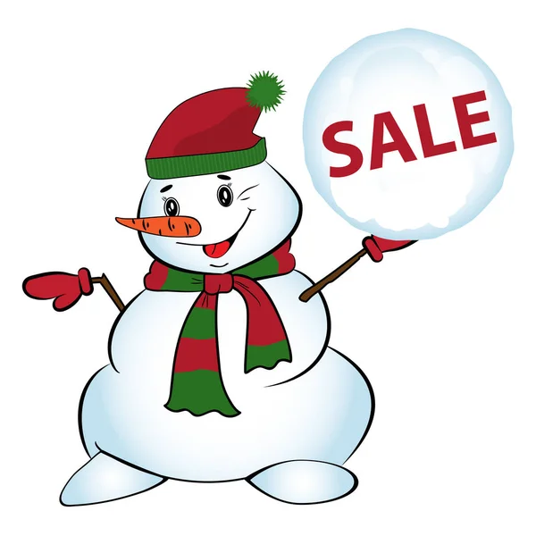 Boneco de neve jogar uma bola de neve com sinal de venda. Para a promoção de inverno. I — Vetor de Stock