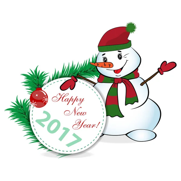 Sněhulák. Vánoční pozadí s větvemi jedlí a skleněná koule. — Stockový vektor