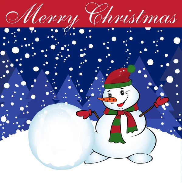 Cartão de Natal com boneco de neve e bola de neve. Vetor — Vetor de Stock