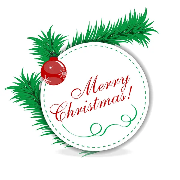 Banner círculo branco de Natal decorado com ramos de abeto e bugiganga vermelha. Design de Ano Novo. Vetor — Vetor de Stock