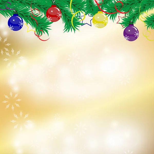 Elegante sfondo natalizio con fiocchi di neve, rami di abete e palline e posto per il testo. Vettore — Vettoriale Stock