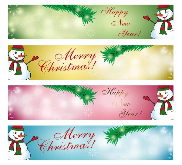 Establecer la frontera de Navidad. Banner con muñeco de nieve y ramas de abeto. Vector — Archivo Imágenes Vectoriales
