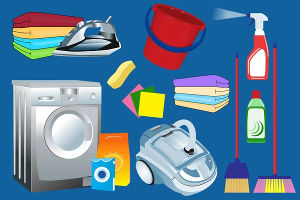 Forniture per la pulizia e utensili per la casa, servizio lavanderia — Vettoriale Stock