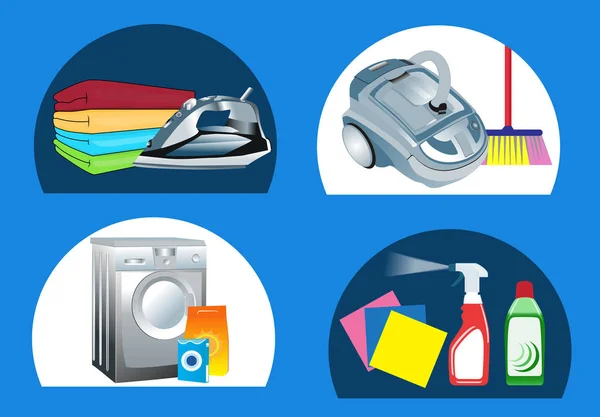Set Haushaltsgegenstände und Reinigungssymbole, Wäscheservice. Vektor — Stockvektor