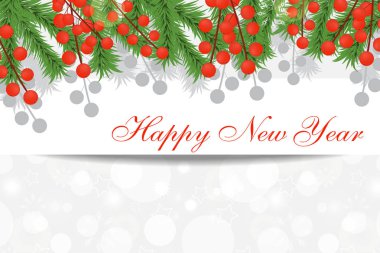 Yeni yıl kartı çam dalları ve kırmızı meyveler. Noel afiş, beyaz arka plan. Vektör