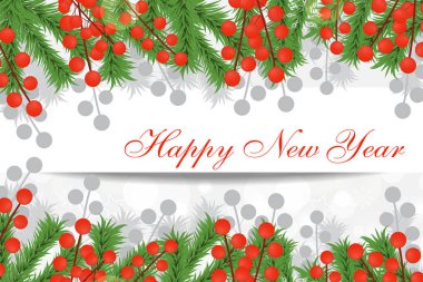 Çam dalları ve kırmızı meyveler ile Noel kartı. Yeni yıl afiş, beyaz arka plan. Vektör