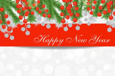 Yeni yıl kartı çam dalları ve kırmızı meyveler. Noel afiş, kırmızı arka plan. Vektör 