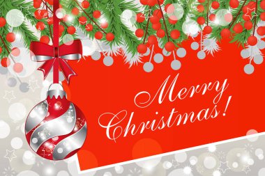 Noel kartı ile köknar kırmızı meyveler ve topu dalları. Sihirli kırmızı kart. Mutlu yeni yıl 2017. Vektör