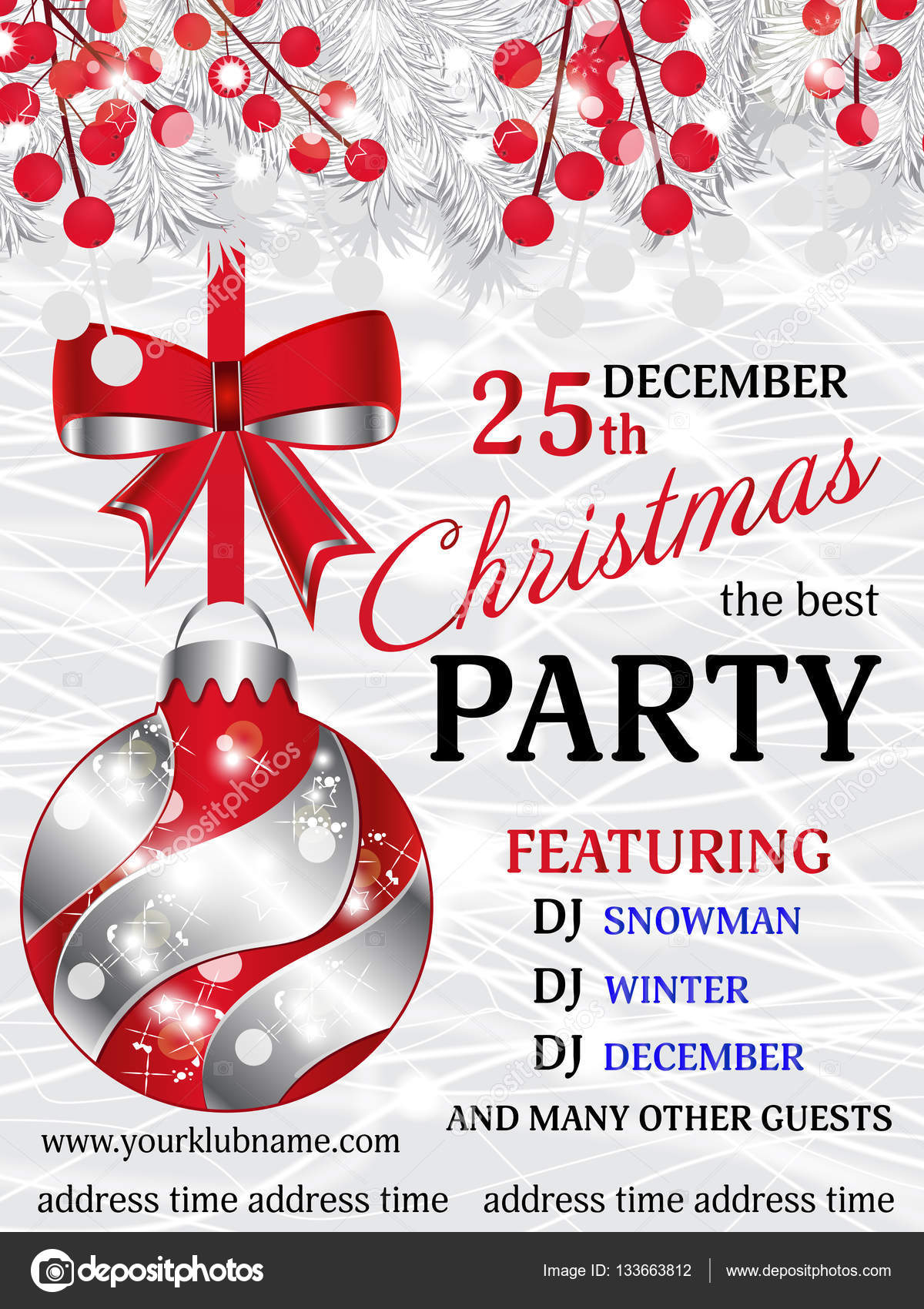 Christmas party invitation template background with white fir branches