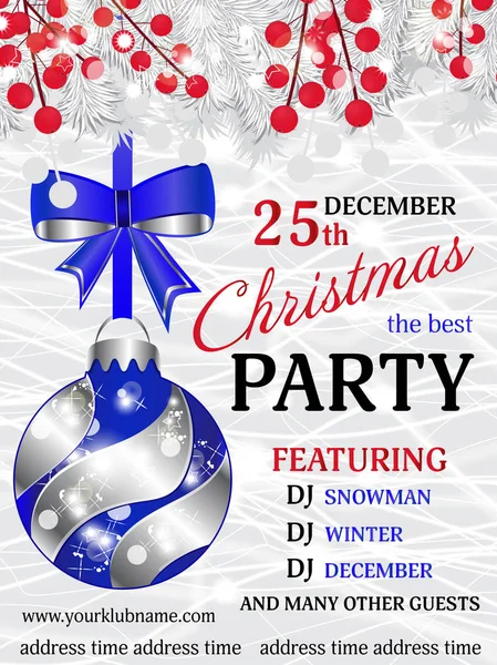 クリスマス パーティー招待状のテンプレートは、白いモミの枝と赤いベリーの弓で青いボールと背景。ベクトル — ストックベクタ
