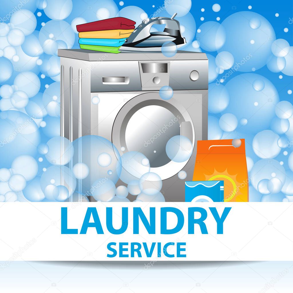 Laundry service. Poster template for house cleaning services. Vector