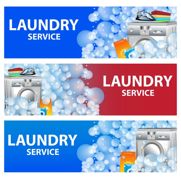 Set bannières service de blanchisserie. Modèle d'affiche pour les services de nettoyage de maison. Vecteur — Image vectorielle