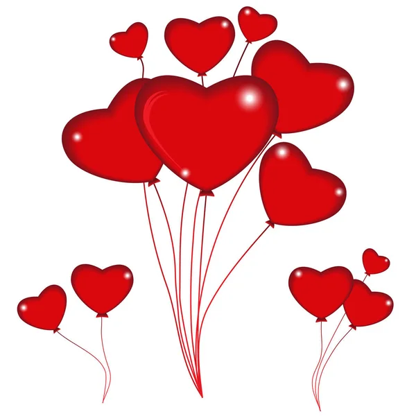 Ομάδα κόκκινο αερόστατο καρδιές με χορδές. Happy Ημέρα του Αγίου Βαλεντίνου. Διάνυσμα — Διανυσματικό Αρχείο