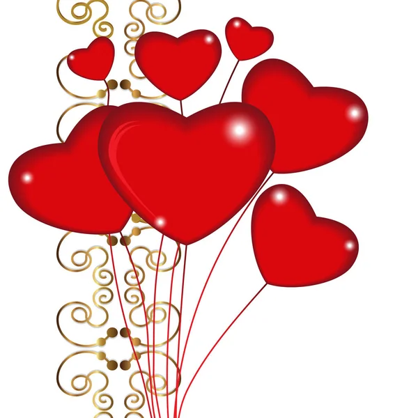 Grupo de corazones de globos rojos en cuerdas con decoración de adornos de oro. Feliz día de San Valentín. Vector — Vector de stock