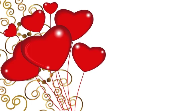 Csoport piros léggömb szívek a húrok, arany ornament díszítéssel. Boldog Valentin-napot. Vektor — Stock Vector