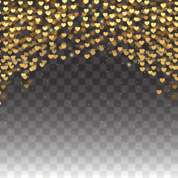 Gold glitter particles effect for Valentine's day luxury greeting card.  Hearts on transparent background. Sparkling texture. Vector