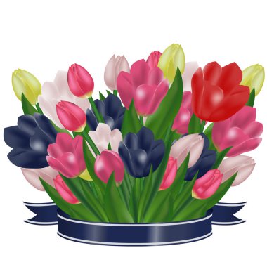 Mavi bir kurdele ile Lale buketi. Festival bahar çiçekleri. Tatil sembolü. Vektör 