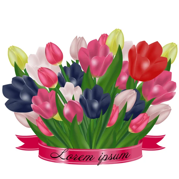 Tulpenstrauß mit rosa Schleife. Festliche Frühlingsblumen. Feiertagssymbol. Vektor — Stockvektor