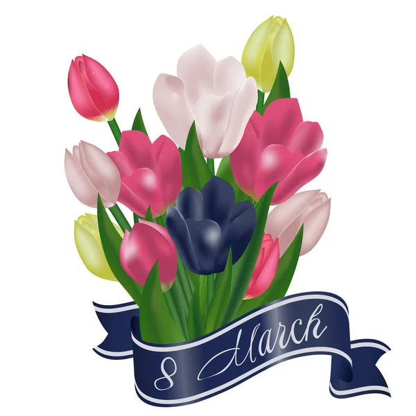 Bouquet tulip dengan pita biru. Frasa "8 Maret". Festival bunga musim semi. Simbol liburan. Vektor - Stok Vektor