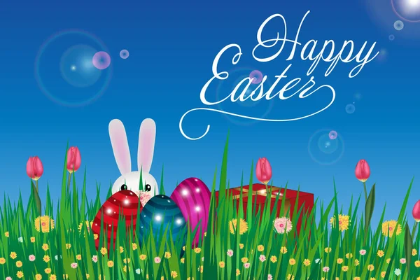 Frohe Ostern. Vorlage Karte mit Eiern, Gras, Blumen und Hase. Vektor — Stockvektor