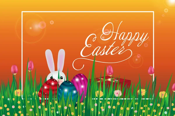 Frohe Ostern. Vorlage Karte mit Eiern, Gras, Blumen und Hase. Vektor — Stockvektor