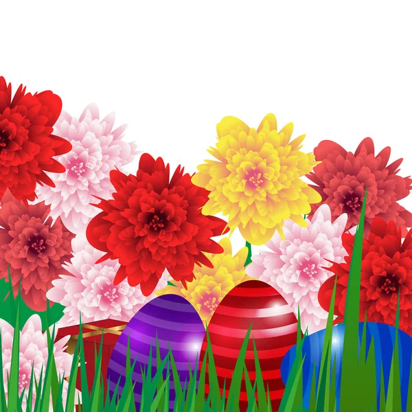 Feliz fundo de Páscoa com ovos coloridos, grama e flores. Cartão de felicitações. Vetor — Vetor de Stock