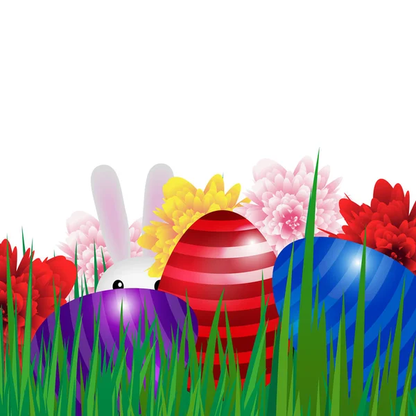 Glad påsk bakgrund med färgglada ägg, gräs, blommor och bunny. Gratulationskort. Vektor — Stock vektor