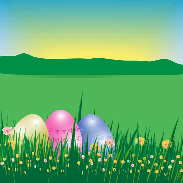 Fundo de Páscoa feliz ou cartaz. Modelo Cartão com ovos, grama, flores, campo, céu e sol. Vetor — Vetor de Stock